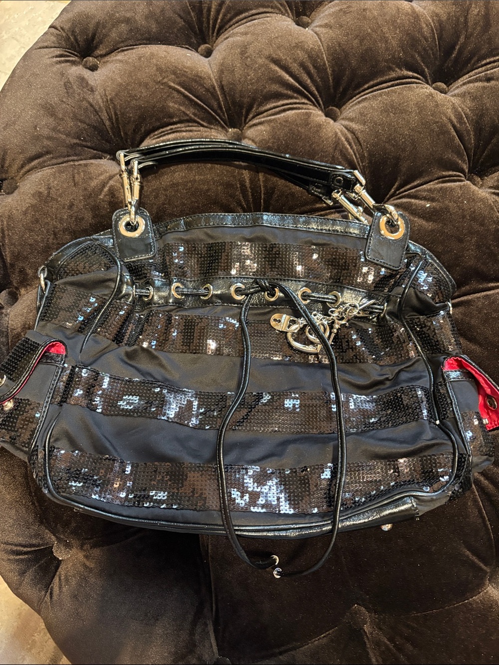 bebe Black Sequin Shoulder Bag with Gold Accents